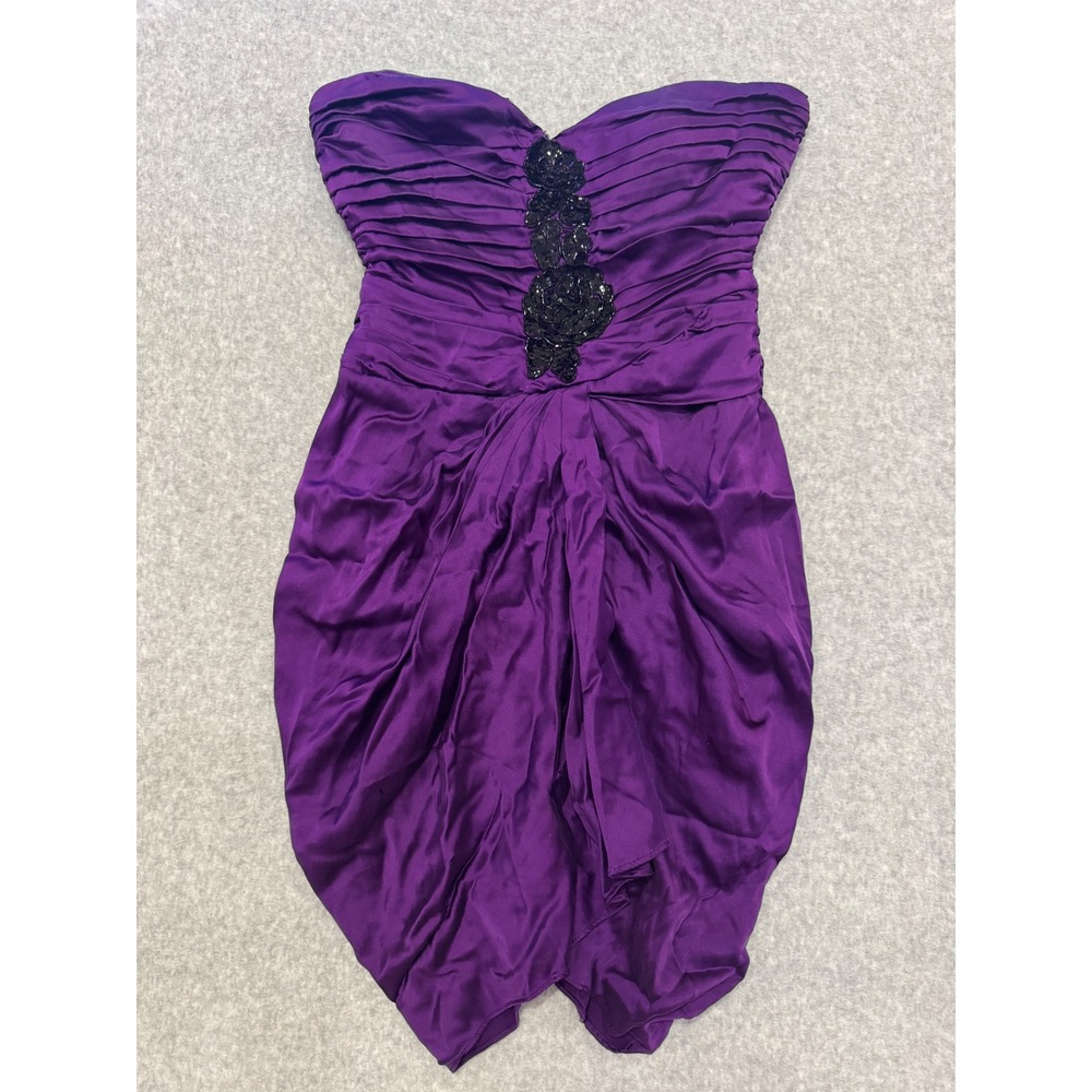 Bebe Purple Silk Strapless Pleated Sequin Floral Cocktail Dress S Y2K Homecoming